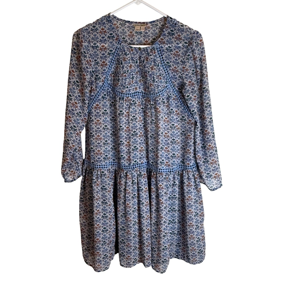 Holding Horses Floral Print Boho Tiered Dress Blue White Orange Size 6
